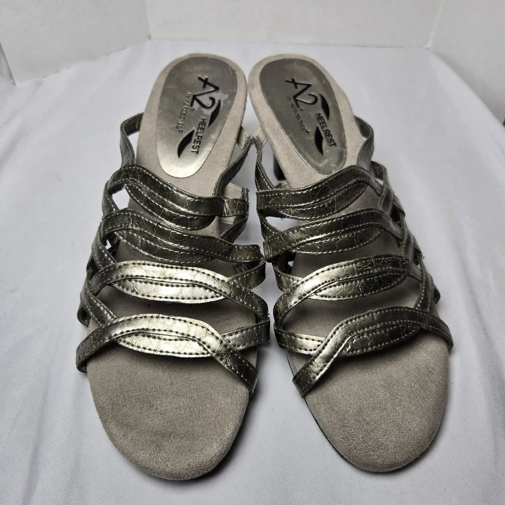 A2 Aerosoles Water Power Strappy Sandal Heels Womens 7 Pewter Silver‎ Neutral